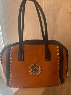 Michael Kors Vintage Tan and Black Leather Tote with Gold Accents